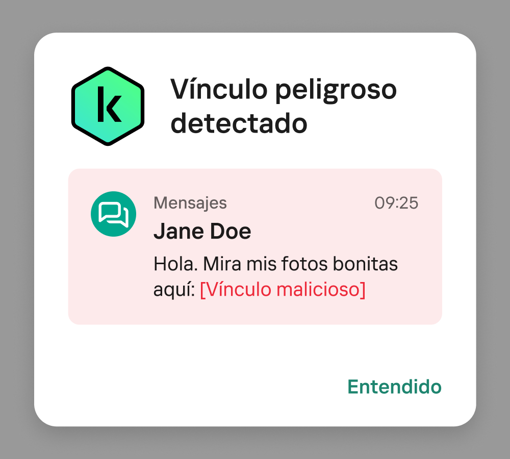 Así es como se ve una notificación de Kaspersky para Android cuando detecta un vínculo malicioso