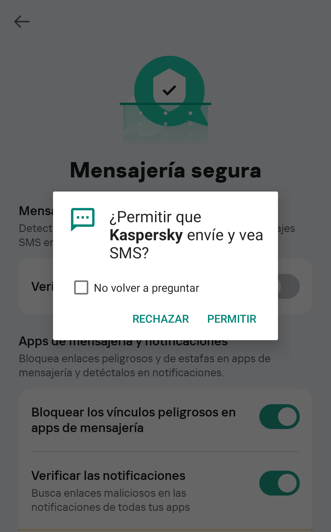 Para comprobar los enlaces en los mensajes SMS, necesitas otorgar a Kaspersky para Android permiso para enviar y ver SMS. Por supuesto, no tenemos la intención de enviar nada
