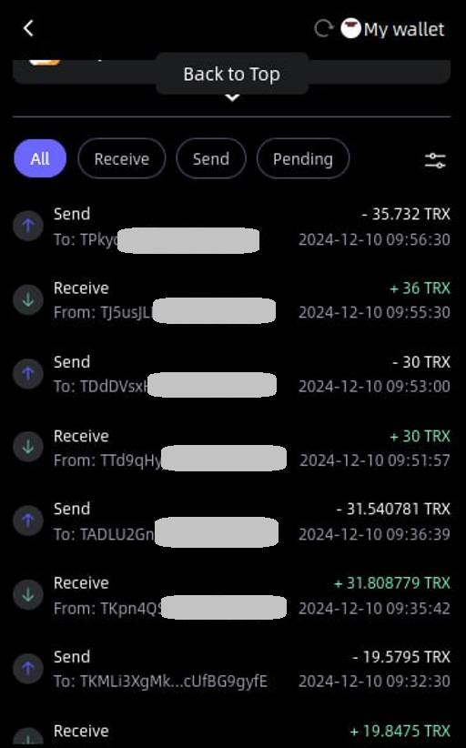 La lista de transacciones detalla las ganancias de los estafadores