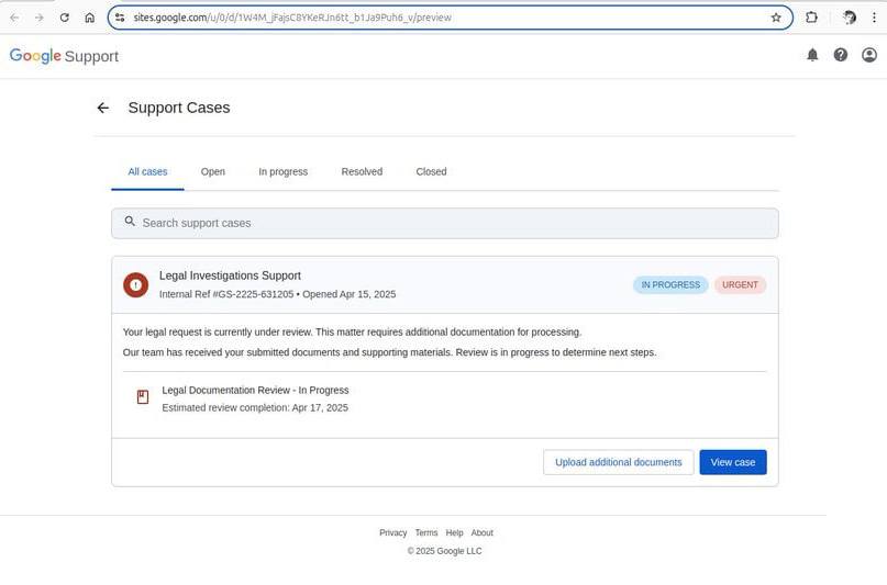 Página falsa de asistencia de Google creada con Google Sites