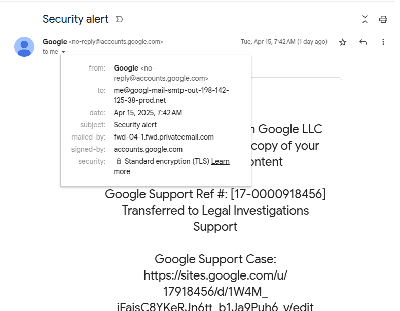 Phishing camuflado como correo electrónico oficial de Google: observa los campos "para" y "enviado por"