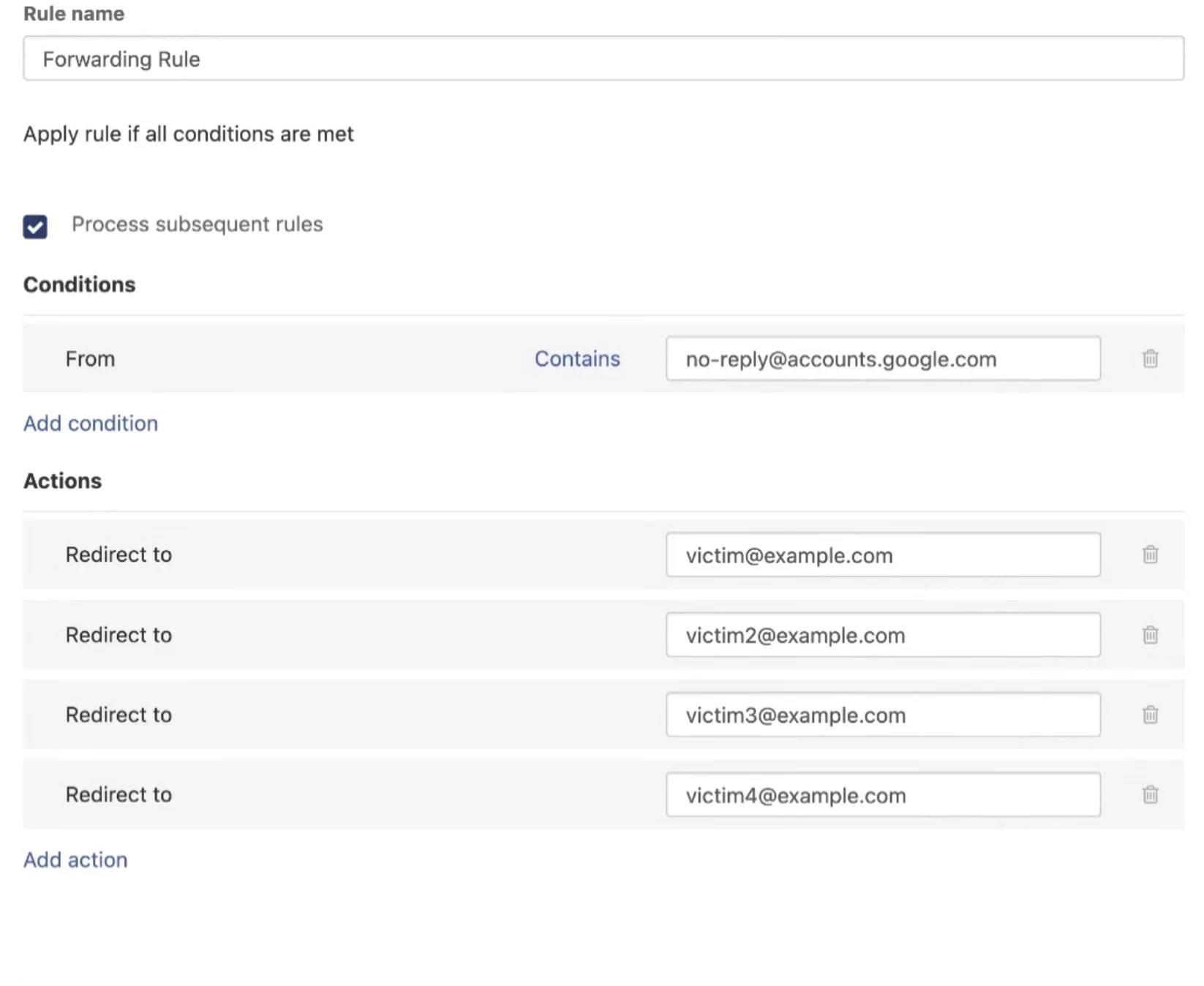 Cómo los estafadores configuran una regla de reenvío para enviar un correo electrónico de phishing que parece que proviene de Google