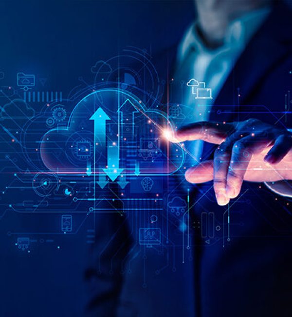 Businessman touch cloud computing icon network. Cloud technology, Cloud data transfer and online data storage for business network confidential data of business on internet storage network.