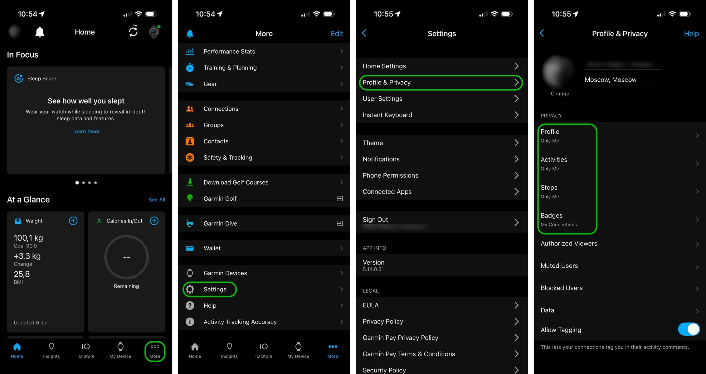 Cómo encontrar la configuración de privacidad en Garmin Connect para iOS. El proceso es básicamente el mismo en la versión para Android de la aplicación