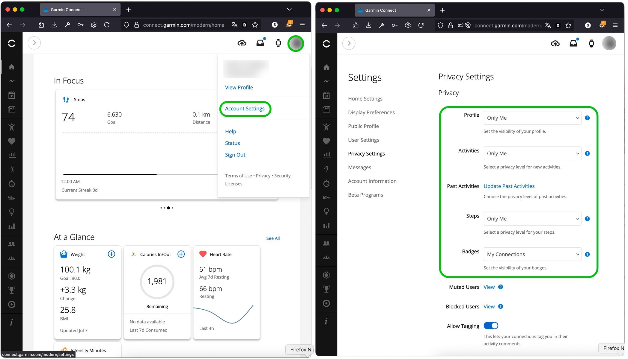 Cómo encontrar la configuración de privacidad en la versión web de Garmin Connect