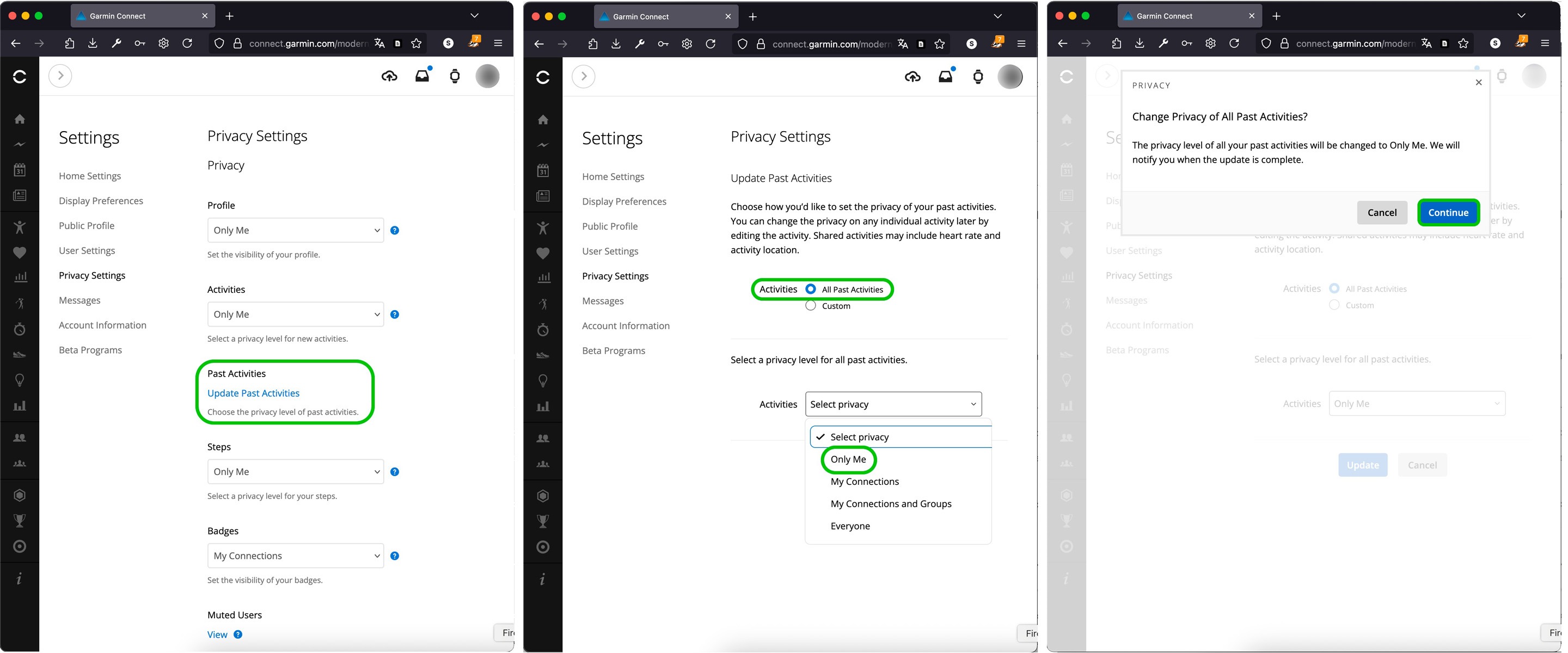 Solo puedes cambiar la configuración de privacidad de tus actividades guardadas anteriormente en la versión web de Garmin Connect.