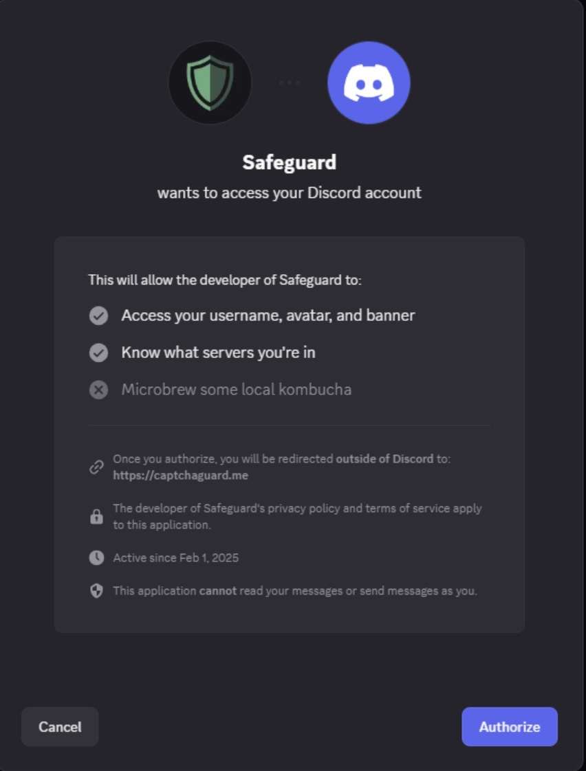 Ventana de autorización del bot Safeguard 