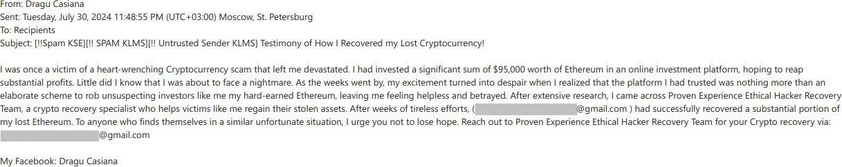 La pseudovíctima reclama haber perdido 95 000 € en una estafa de criptomonedas, y la única forma de recuperar el dinero es contratar piratas informáticos. Por supuesto, nada es gratis.
