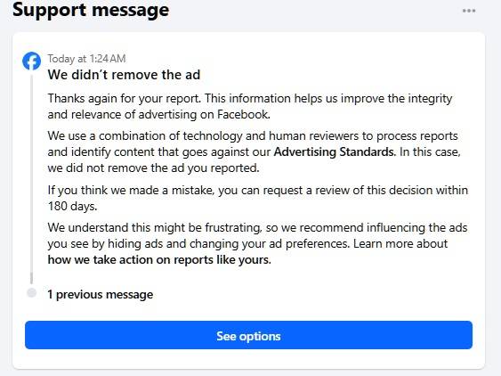 El mensaje estándar de Facebook