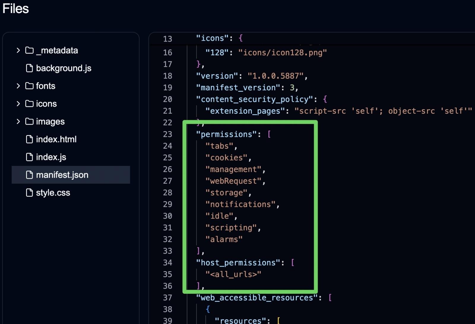El complemento sospechoso solicita permisos demasiado amplios