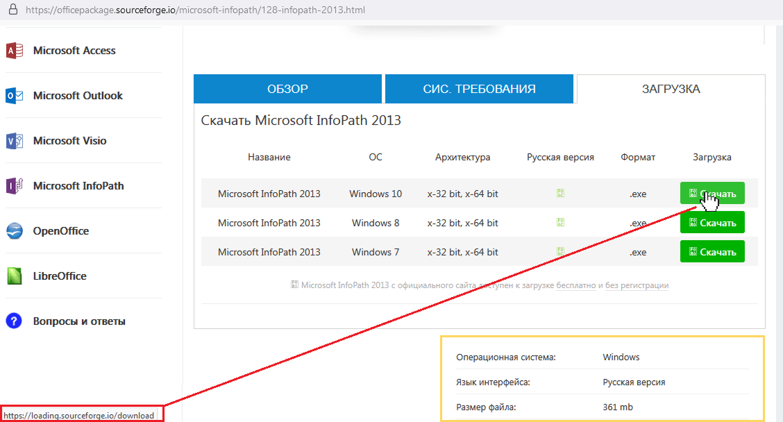 El botón "Descargar" de la página "officepackage" en el portal de software SourceForge conduce a un proyecto completamente diferente.