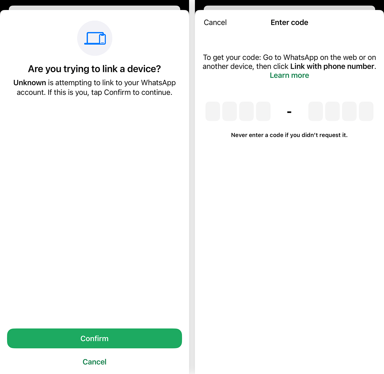 WhatsApp te advierte que alguien está tratando de vincularse a tu cuenta, pero muchos usuarios no leen la advertencia e introducen el código de verificación de todos modos